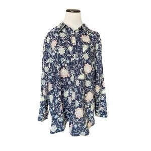 Chaps Womens No Iron Button Down Shirt Size 3X Blue Floral Cottagecore Classic